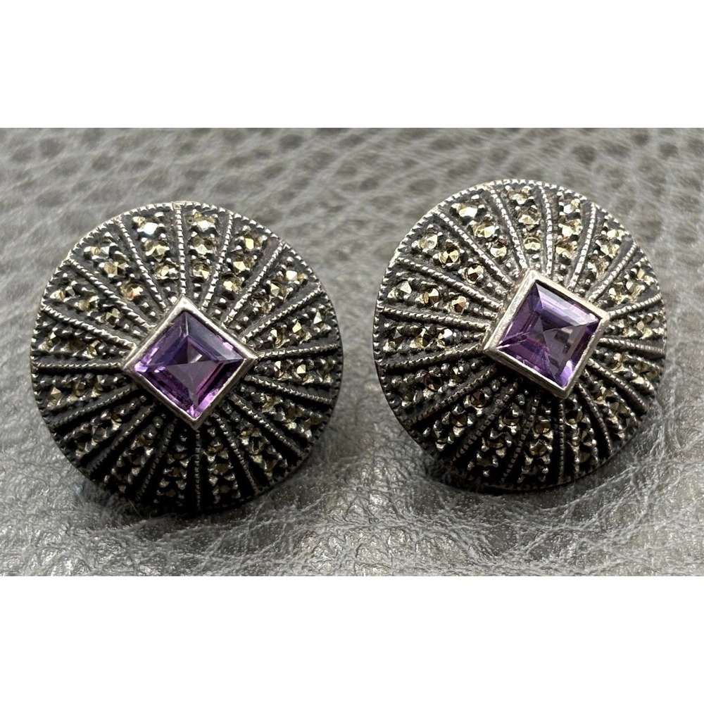 Vintage Judith Jack Amethyst Marcasite Earrings 925 Sterling Silver Omega Back